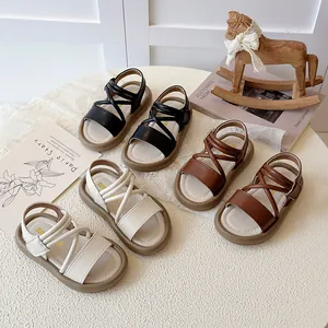 Girls Roman Sandals Soft Sole Non-Slip PU Leather Beach Shoes Kids Princess Fashion Cross Strap Sandals For Summer