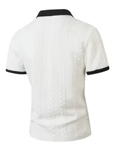 Back view of a white men's Polo shirt with black contrast collar and jacquard texture