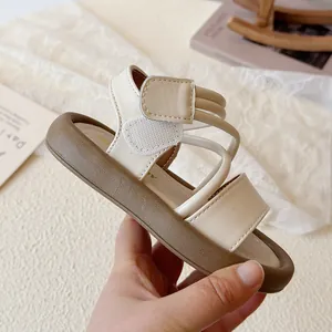 Cream soft-soled girls' Roman sandals with comfortable velcro strap for summer beach