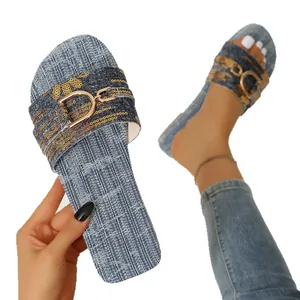 Stylish denim texture flat sandals with gold metallic buckle and sequins for women.