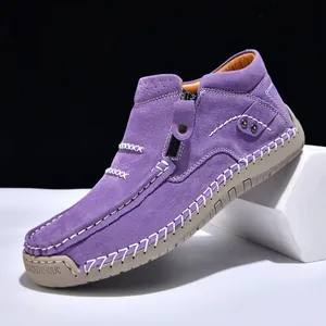 Premium men's purple suede high-top casual shoes with hand-stitched details and side zipper