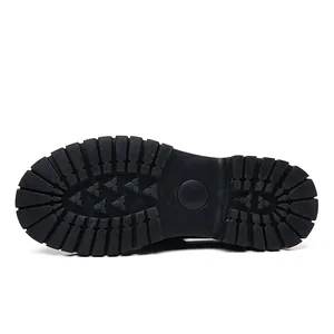 Detail view of the rugged non-slip black rubber sole for platform loafers.