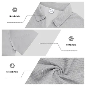 Détails du polo en maille gaufrée montrant le col, le poignet et la texture du tissu