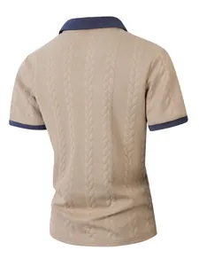 Detailed back view of a khaki cable-knit polo shirt featuring navy blue collar and cuffs