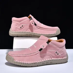 Pink high-top women's slip-on loafers featuring handmade stitching and side zippers