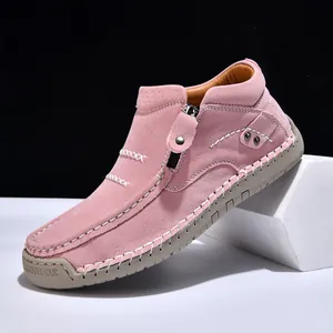 Handmade pink suede high-top casual shoes for men featuring side zipper and thick stitching