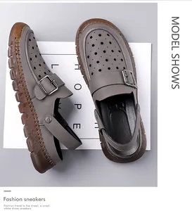 Grey breathable hollow-out men's casual sandals with buckle and gum sole detail