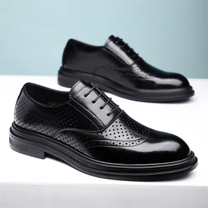 Men's black Brogue leather shoes with breathable hollow-out design for business