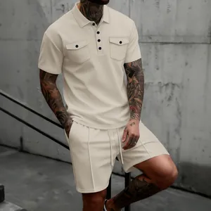 Herren Waffelstrick Casual Polo Shirt Und Shorts Top Und Bottom Sommer Mode Einfarbig Kurzarm Outfit