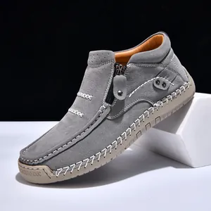 Premium grey high-top outdoor casual men's shoes with handmade stitching and zipper detail