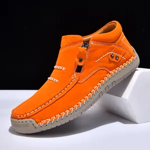 Orange high-top casual men's slip-on shoes with hand-stitched detailing and side zipper