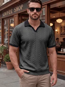 Men's dark grey jacquard polo shirt with black contrast collar for business casual