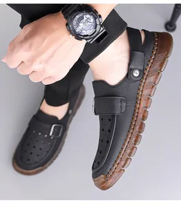 Close-up of men's hollow-out casual sandals with durable anti-slip brown gum sole