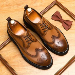 Heren Business Casual Brogue Schoenen Britse Stijl Eerste Laag Rundleer Wingtip Plateau Hoogteverhogende Formele Leren Schoenen