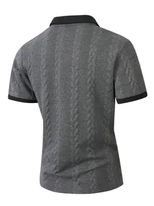 Back view of men's grey jacquard polo shirt featuring black contrast collar and cuffs.