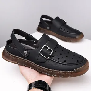 Black men's breathable hollow leather sandals with buckle and non-slip gum sole