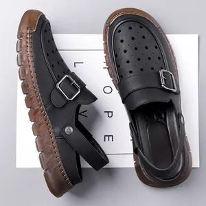 Men's stylish black breathable hollow-out sandals with adjustable buckle and non-slip sole