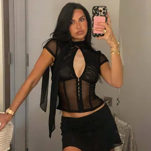 Sexy black sheer mesh button-up short sleeve top with keyhole opening design for women