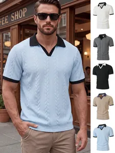 Men Business Casual Short Sleeve Polo Shirt Jacquard Cable Knit Texture Contrast Lapel Patchwork Polyester Top