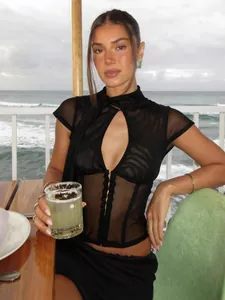 Sexy black sheer short sleeve mesh top featuring a high collar and front button cutout detail