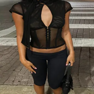 Sexy black mesh short sleeve top with front buttons and cut-out design for women
