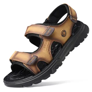 Sandalias de verano para hombre con correas de cuero marrón y cierre de velcro