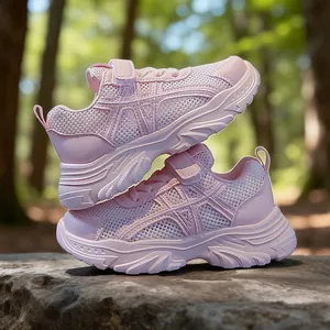Zapatillas chunky rosas para niñas con malla transpirable y cierre de velcro ajustable