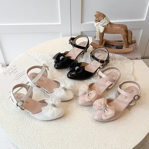 Girls Rhinestone Bow High Heel Sandals Pointed Toe Party Shoes Patent Leather Bowknot Summer Fashion Princess Sandals