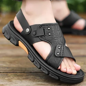 Men First Layer Cowhide Leather Sandals Crocodile Pattern Thick Sole Casual Beach Shoes Dual Use Non-Slip Breathable Sandals