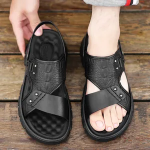 Stylish men's black beach sandals with thick soles and crocodile pattern straps
