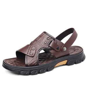 Men's casual brown crocodile embossed leather sandals with thick non-slip rubber soles