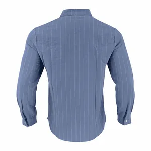 Achteraanzicht van een blauw-wit verticaal gestreept linnen herenhemd met lange mouwen.