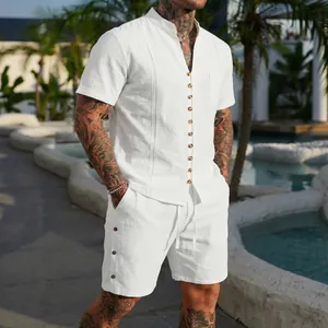 Heren Zomer Casual Top En Bottom Opstaande Kraag Korte Mouw Overhemd En Shorts Effen Kleur Katoenmix Resort Wear