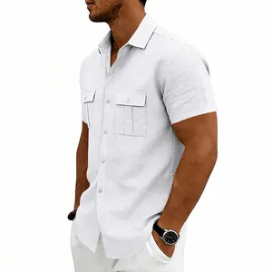Close-up detail of white linen short sleeve shirt for men with double chest pockets