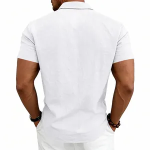 Back view of a men's white linen short sleeve casual shirt showing fabric texture