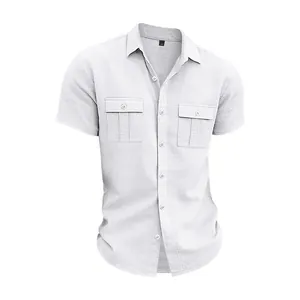 Close-up detail of a white men's linen short sleeve shirt with functional chest pockets