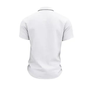 Back view of a breathable men's white linen short sleeve casual shirt with collar detail