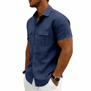 Side view detail of men's navy blue linen short sleeve work shirt with two chest pockets