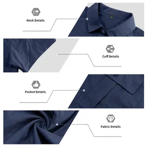 Detail view showing navy linen shirt fabric texture, collar, pocket, and cuff quality.