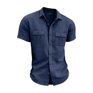 Detail showing texture of navy blue short-sleeved linen shirt with cargo pockets