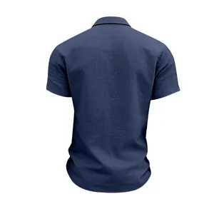 Detailed back view of a men's navy blue linen short sleeve casual work shirt for summer