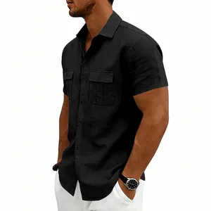 Macro detail view of black men's short sleeve linen casual shirt featuring dual chest pockets