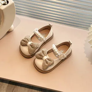 Zapatos Mary Jane para Niñas Bailarinas de Princesa con Lazo Floral Correa de Perlas Artificiales Suela Blanda Antideslizante para Niñas Pequeñas