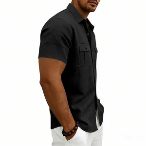 Side view profile of men's casual black linen shirt with functional chest pockets