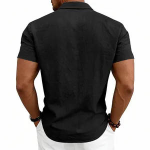 Back view of a black short-sleeved linen shirt for men in casual summer style