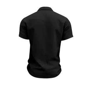 Detailed back view of a men's black linen short sleeve casual shirt in loose fit style