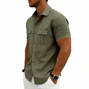 Side profile detail of a men's olive green linen cargo shirt with dual chest pockets