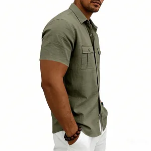 Detailed side view of an olive green men's cargo linen shirt featuring chest pockets