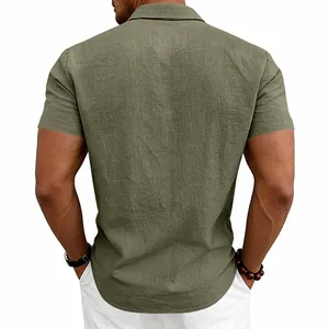 Back view of a breathable men's olive green linen short-sleeved casual shirt for summer