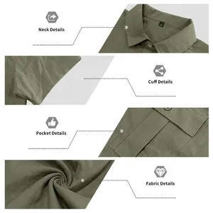 Macro detail views of collar, cuff, pocket and breathable fabric of olive green linen shirt